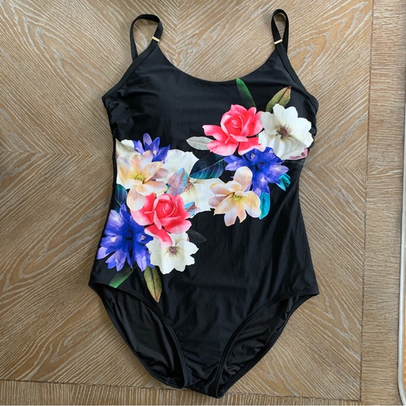 Calvin Klein Black Garden Floral Starburst Printed One-Piece Swimsuit - Picture 3 of 11